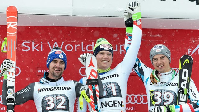 Switzerland’s Niels Hintermann, France’s Maxence Muzaton (left) and Austria’s Frederic Berthold enjoy their first career podium performances in World Cup alpine combined action in wengen Switzerland on Friday. pc; Agence Zoom