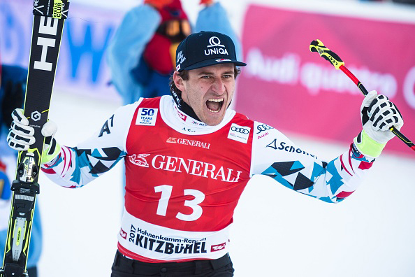 Austria’s Matthias Mayer celebrates his victory in Kitzbuehel on Friday. (Getty Images/AFP-Jure Makovec)