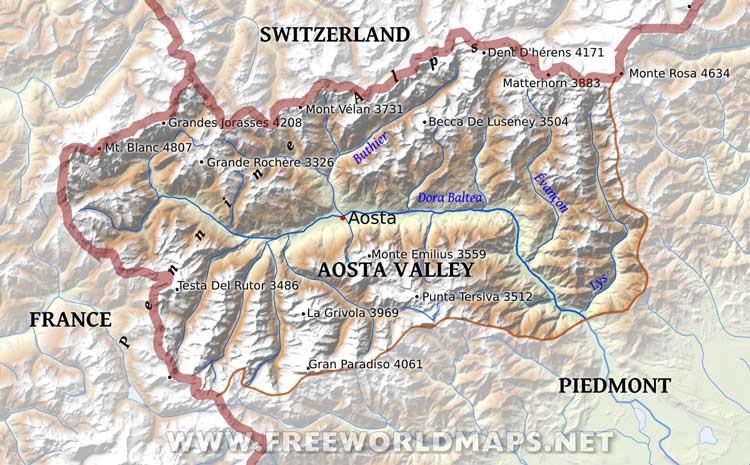 Map of Aosta Valley in Northern Italy