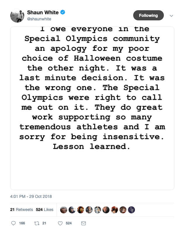 Shaun White, halloween, apology, Special Olympics