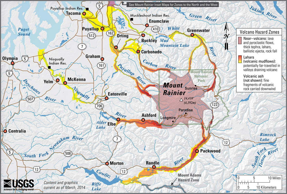 Map depicts the areas that would be hit by lahars, mount rainier eruption