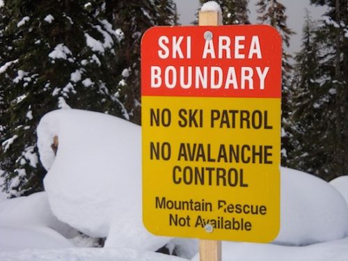 Pay attention to ski signs, ski area boundary sign, no ski patrol sign, no avalanche control sign, no ski patrol, no avalanche control