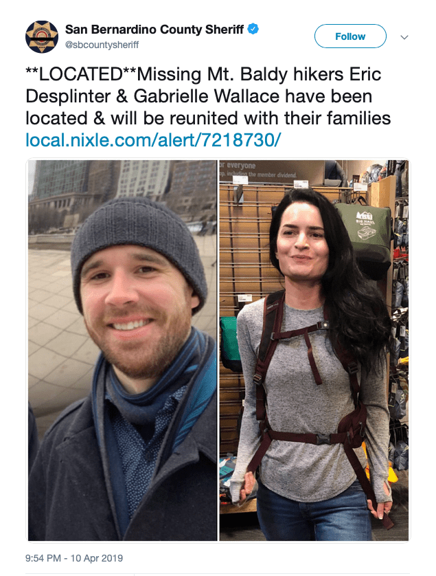 hikers, missing, found, baldy, california