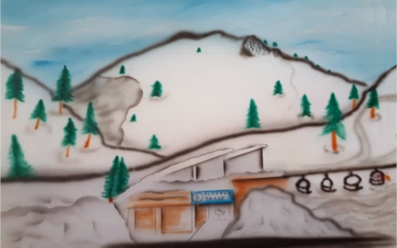 Drawing by R. Swanson showing Achieve Tahoe Adaptive Ski School at Alpine Meadows SVAM