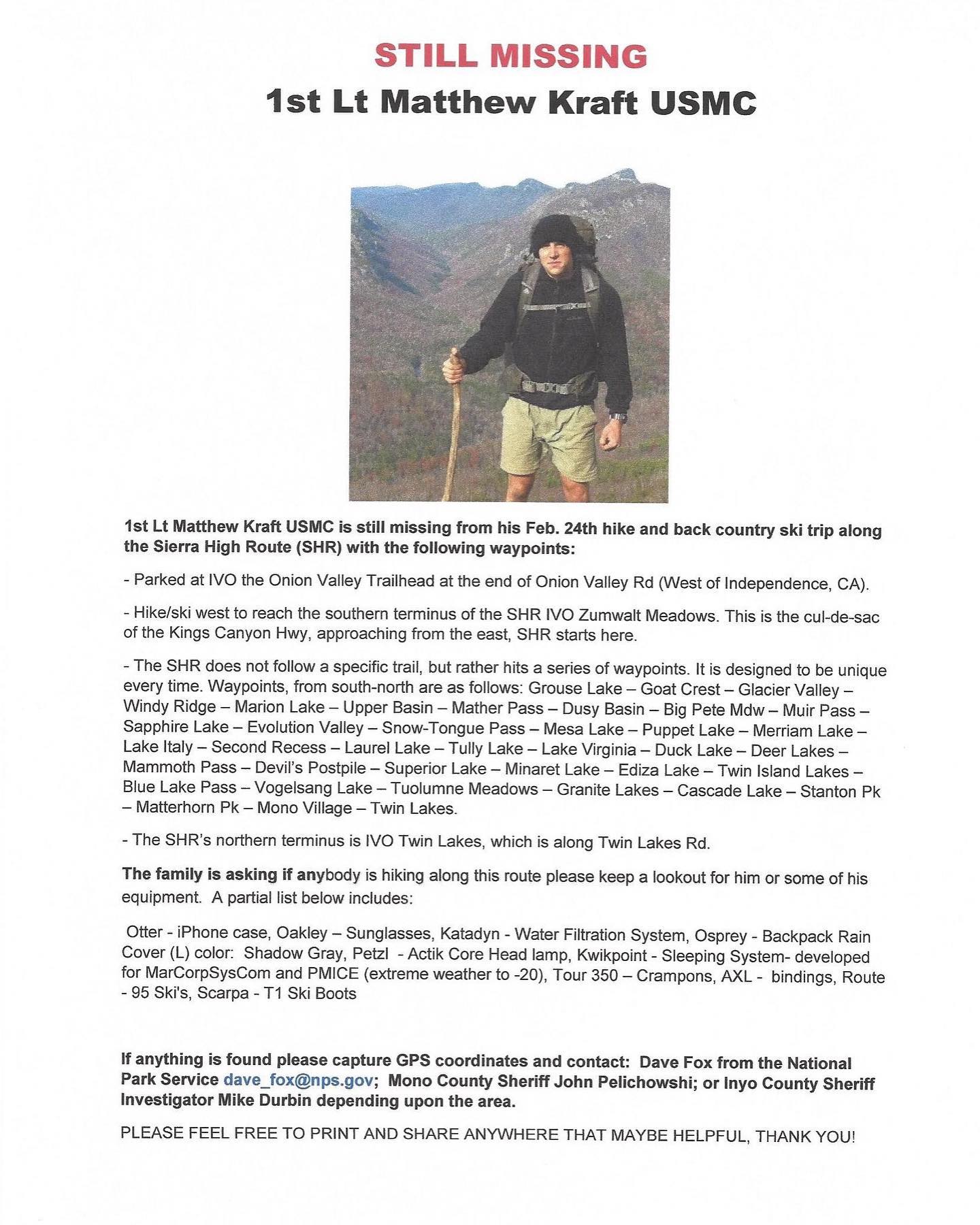 Matthew Kraft, missing, marine, california, Sierra Nevada