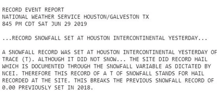 snowfall, record, Texas, Houston, june, hail