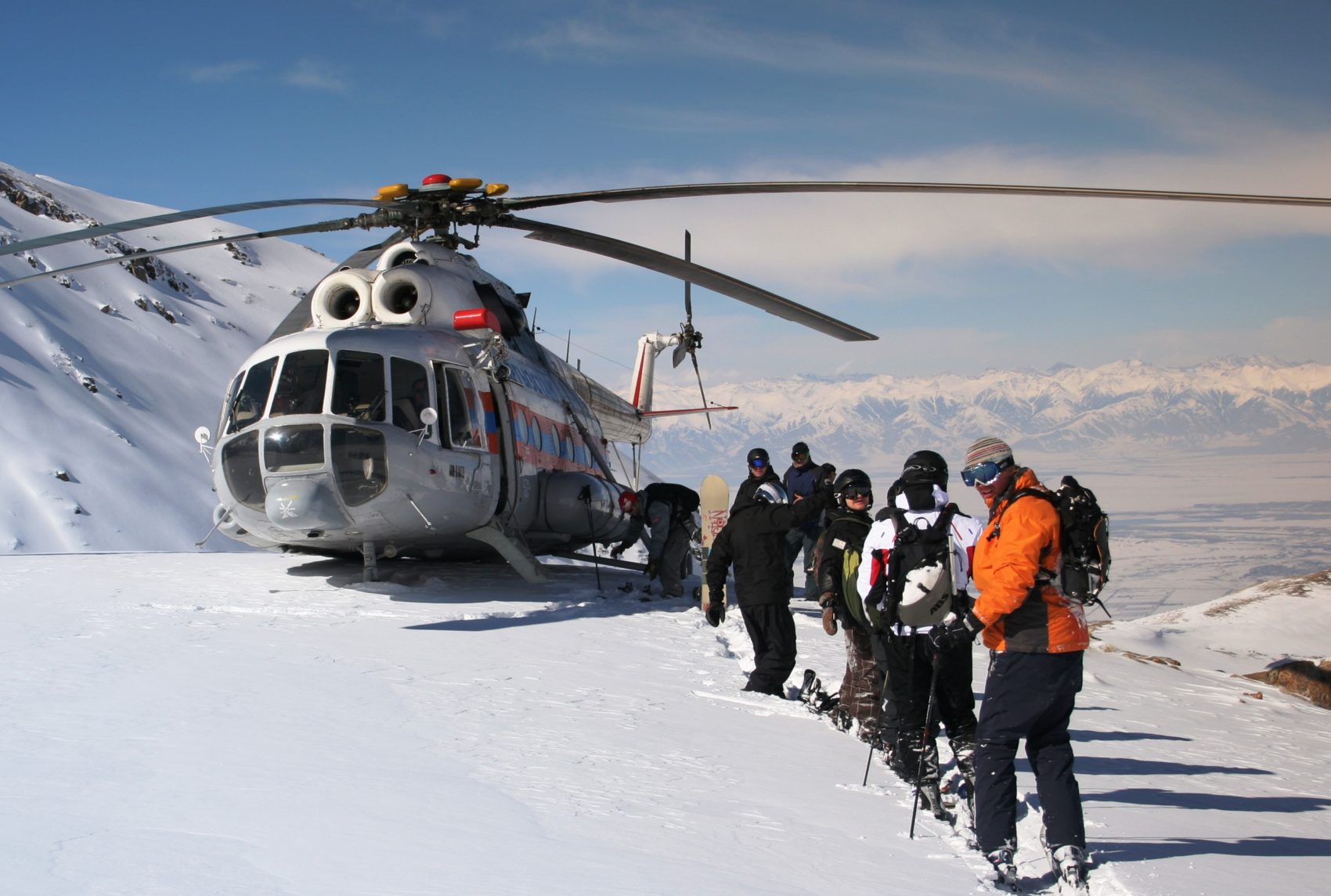 A heli-ski chopper in Kyrgyzstan