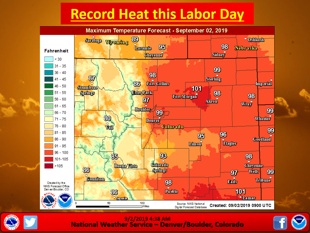 Denver, hottest temperature, recorded, September, labor day, Colorado, highs