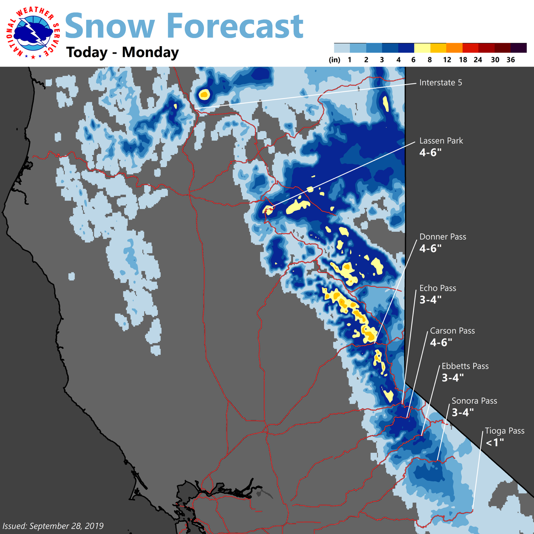 NOAA Winter Weather Advisory for California 14" of Snow Forecast