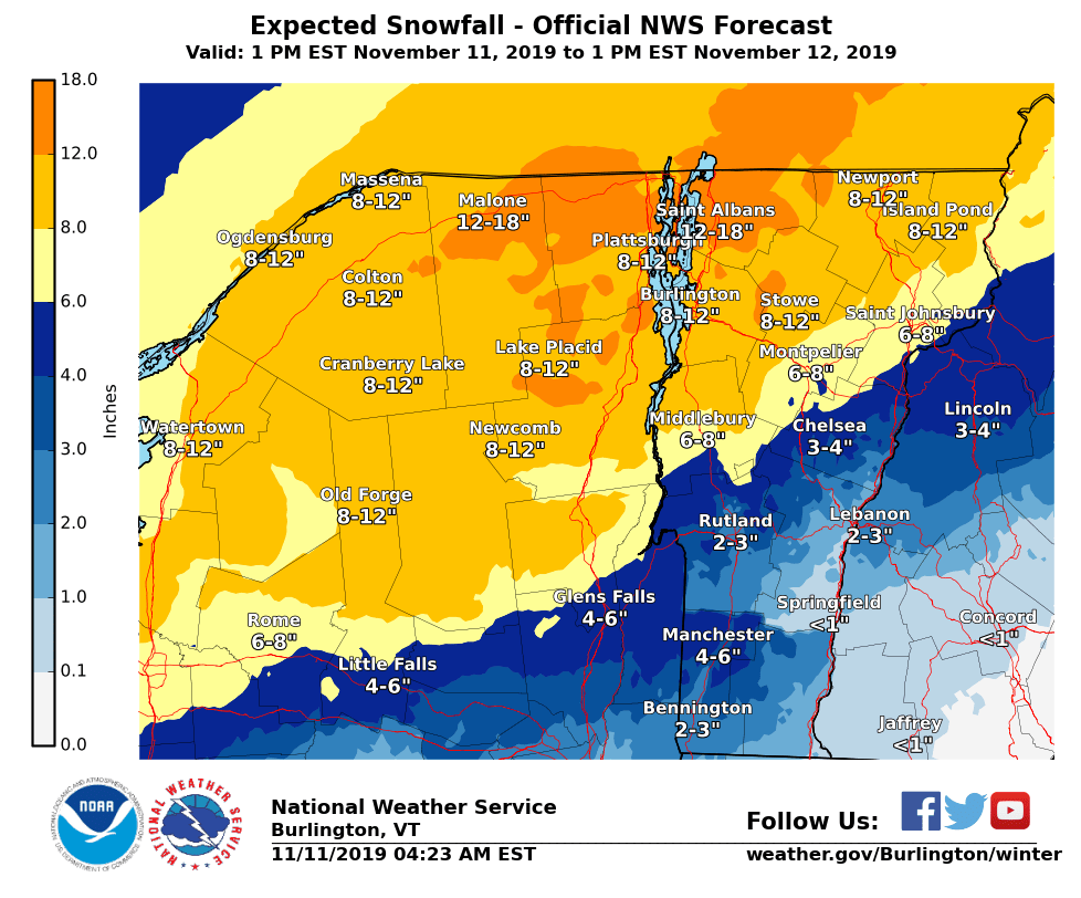 snowfall, vermont, expected, forecast
