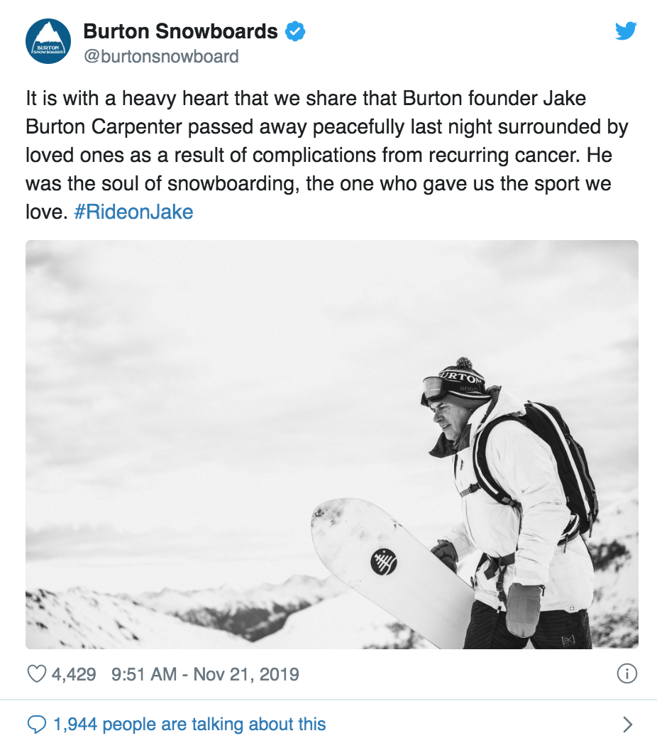 Burton Snowboards tweet on Jake Burton's death