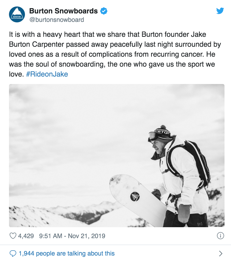 Founder of Burton Snowboards Jake Burton Carpenter Has Died