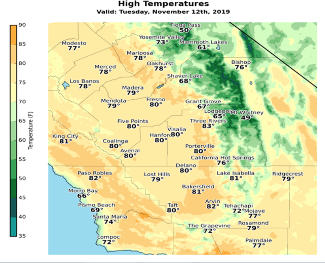 Record high temperatures in central California