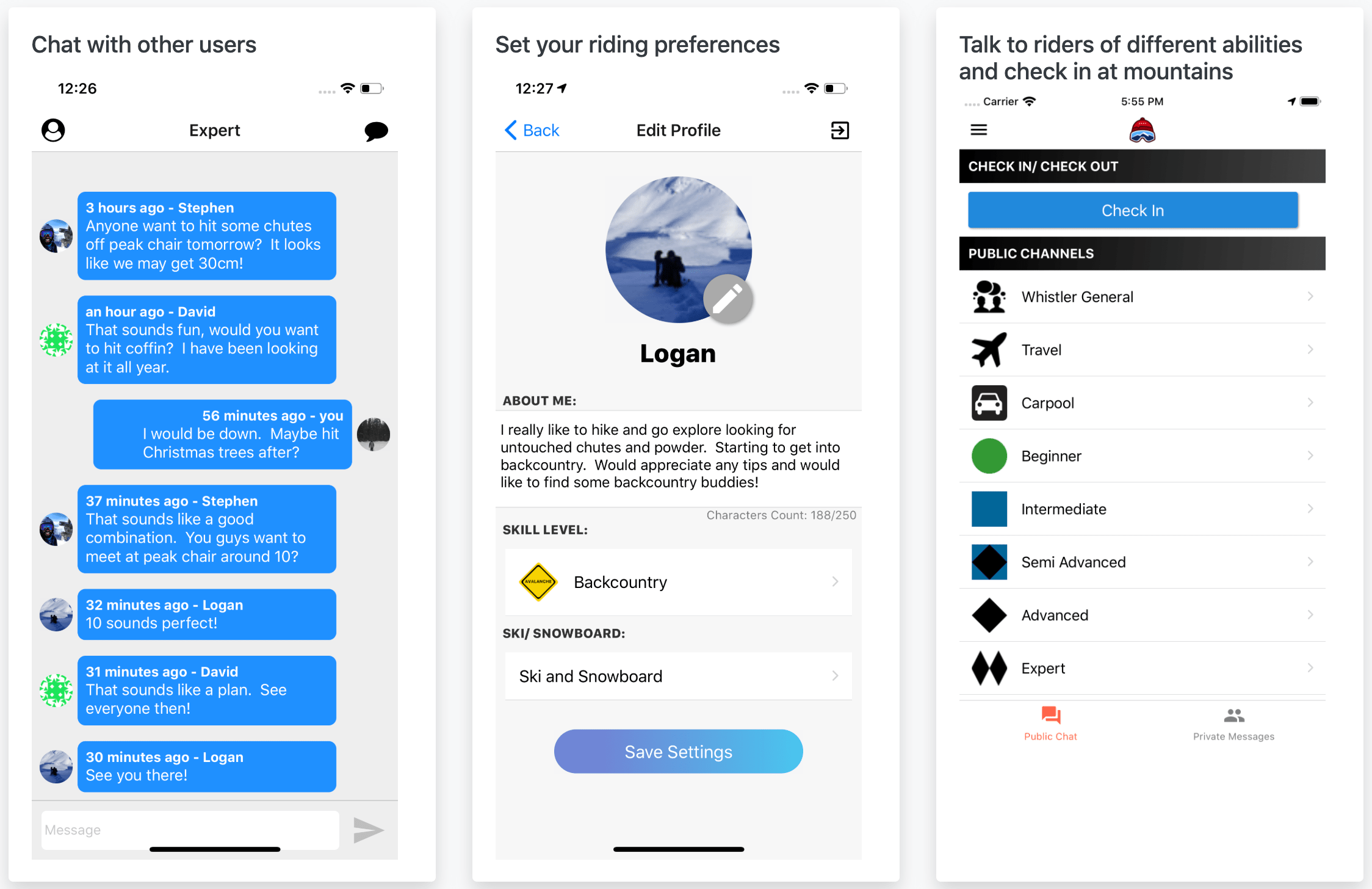 Screenshots of new Skibuds app.