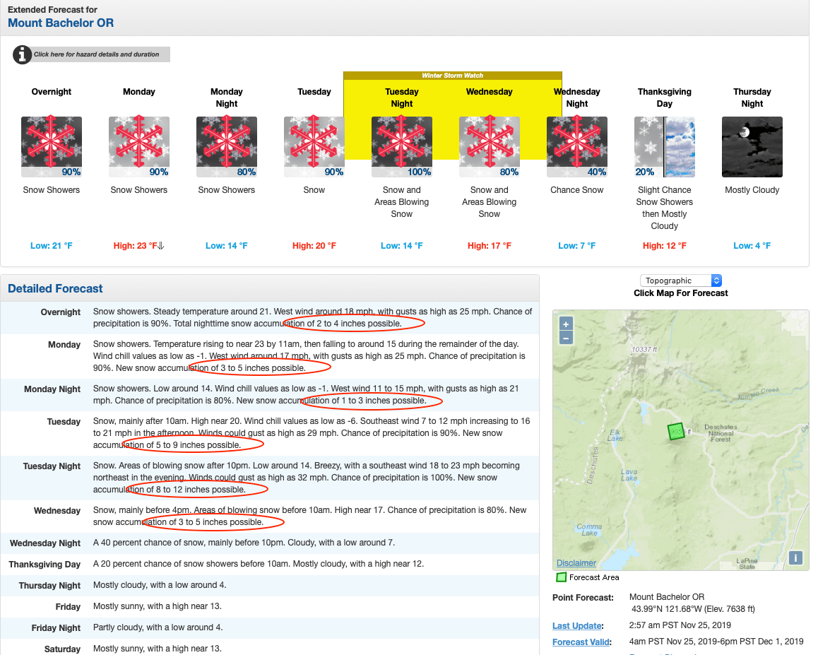 Oregon, mt bachelor, snow, forecast