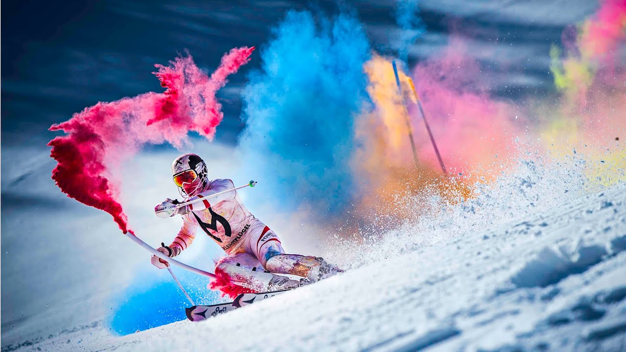 Marcel Hirscher bursts into color for a celebratory slalom run.