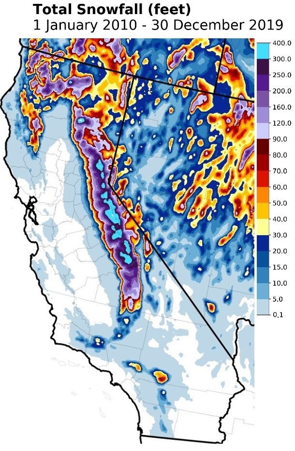 snowfall, decade, california