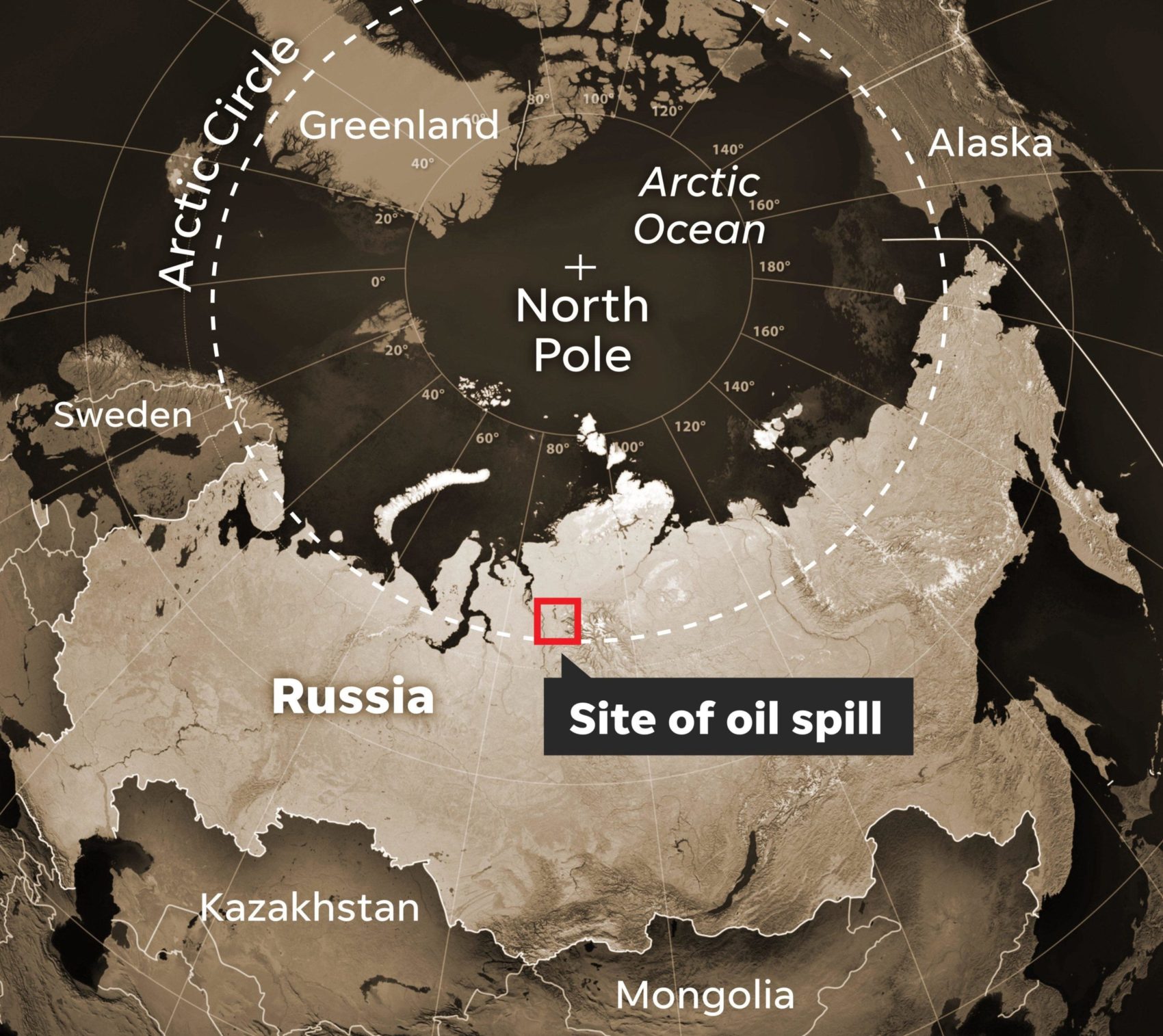 map depicts location of russian oil spill