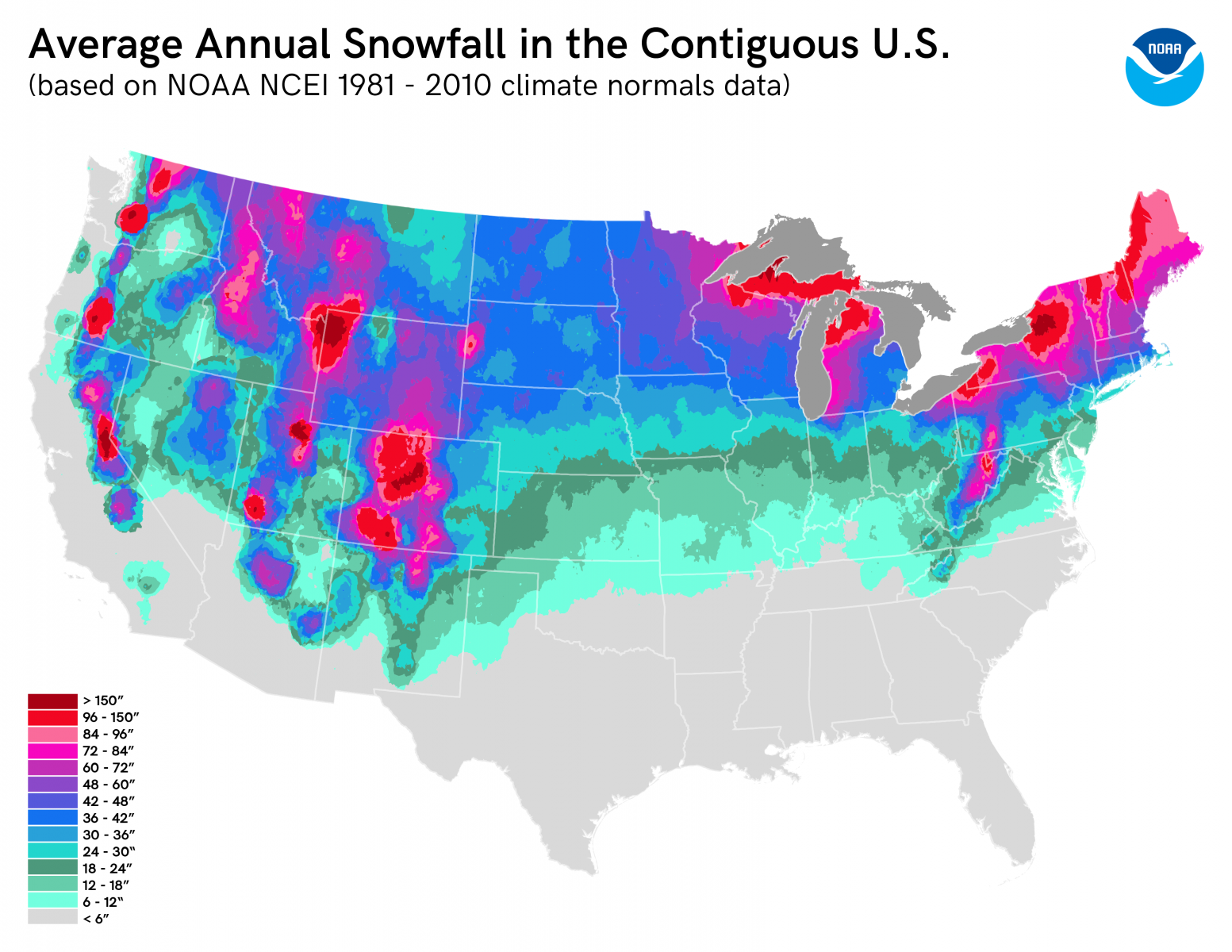 Map of Average Annual Snowfall in Contiguous U.S. SnowBrains