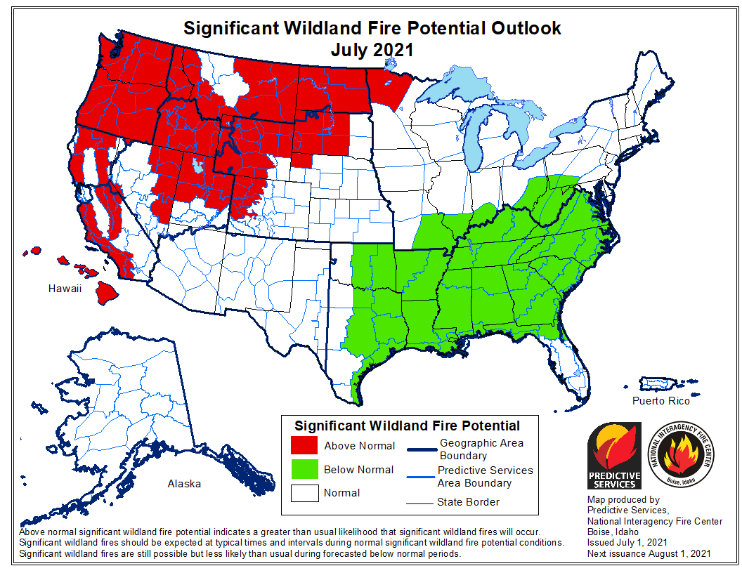 wildfire potential, July 2021, fire
