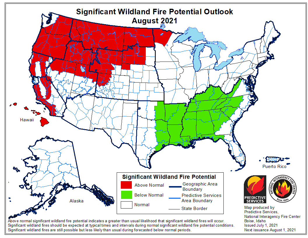 wildfire potential, august 2021, fire
