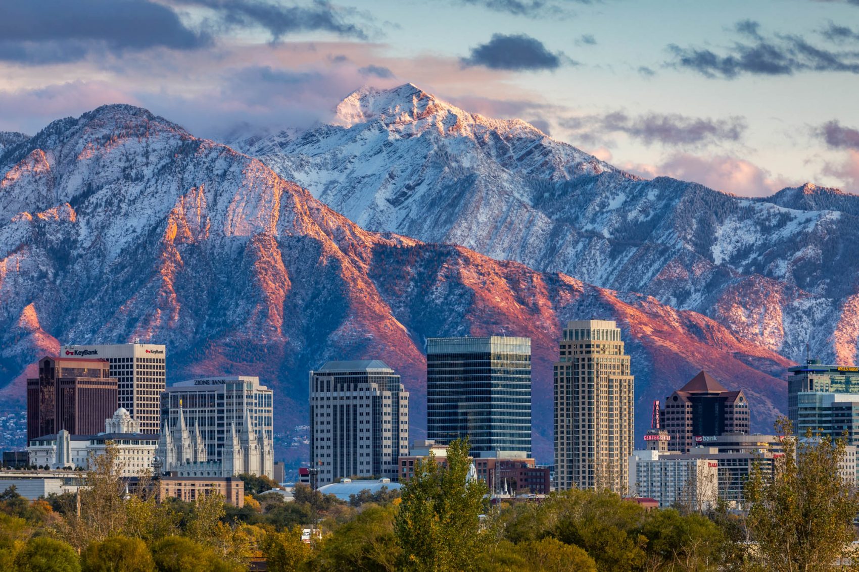 Downtown Salt Lake City with the Wasatch Range emerging in the background v...