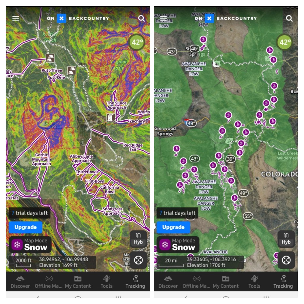onX backcountry app snow map mode