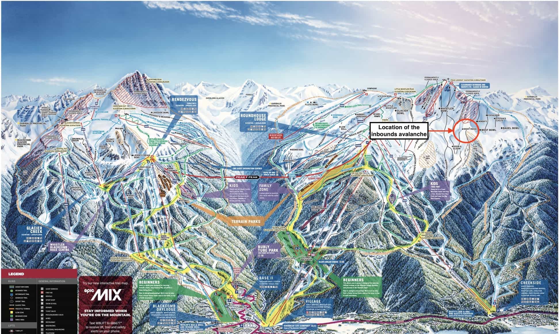 Whistler Blackcomb, trail map, inbounds avalanche