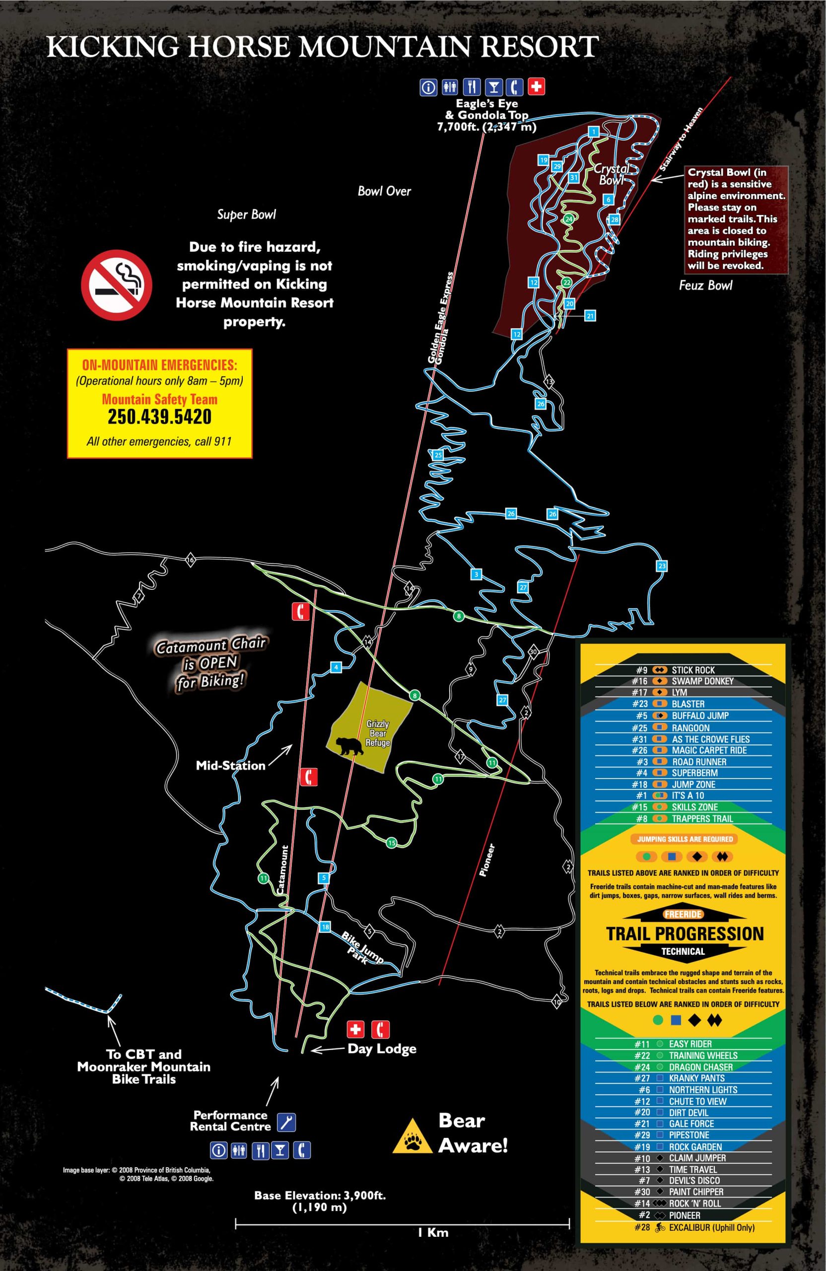 kicking horse, bike park, trail map