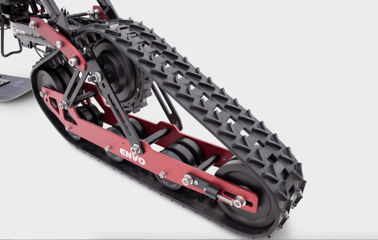 Close-up view of the snowbike's rear tread. 