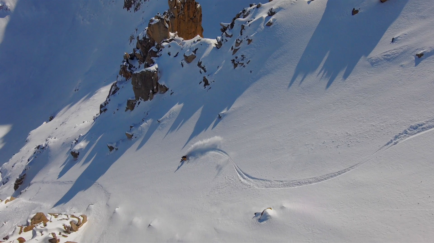 Bariloche, Argentina Backcountry Report: Drone Shot of Endless Soft Powder Chute Skiing in Evening Light