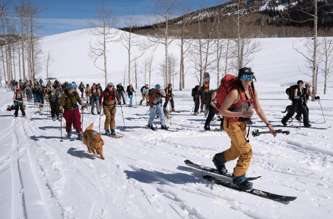 Another day at work with 30 of your closest friends, Bluebird Backcountry, Colorado. 