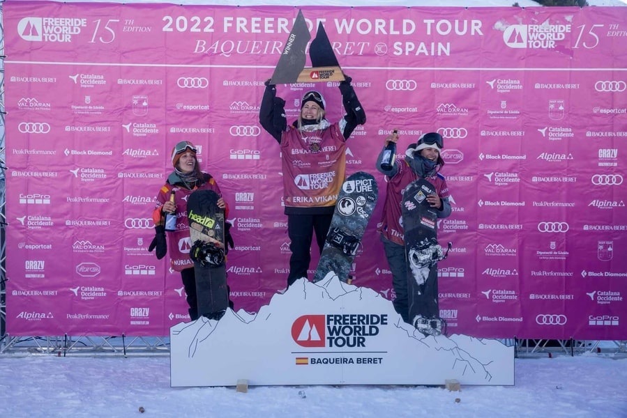 FWT 2022 Baquiera Beret podium (left to right) Erika Vikander, Núria Castan Baron, Tiphanie Perrotin.