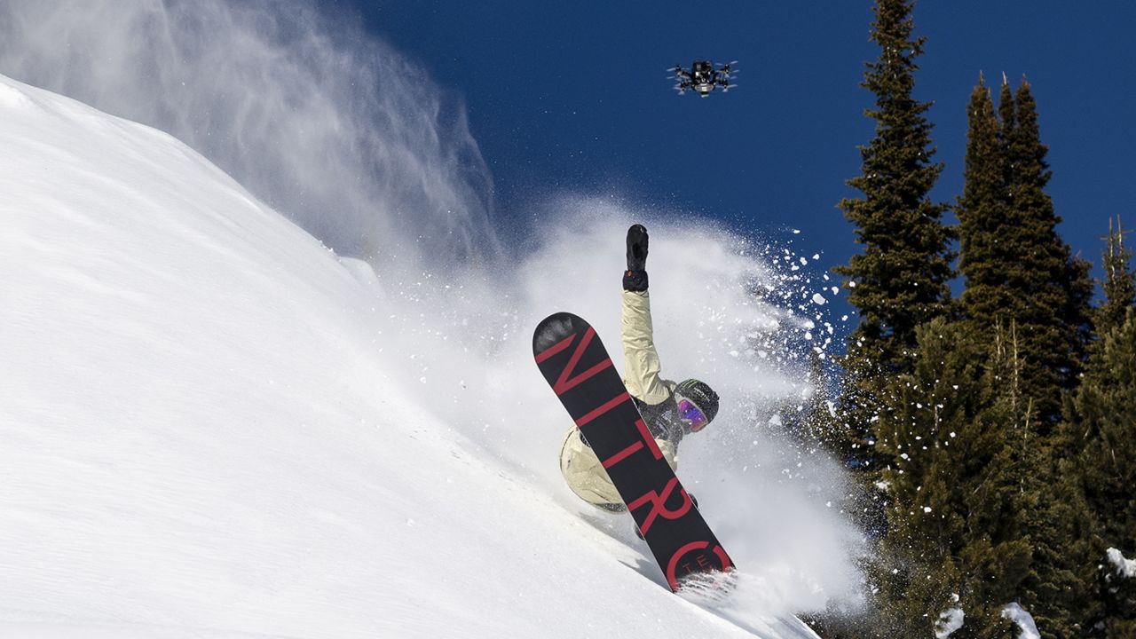 Torgeir Bergrem on course and followed by a racing drone, Jackson Hole, WY, 2022. 