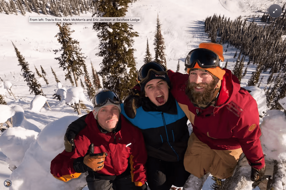 Travis Rice with Eric Jackson and Mark Mcmorrisin Baldface Lodge, BC, Candada, 2021. 