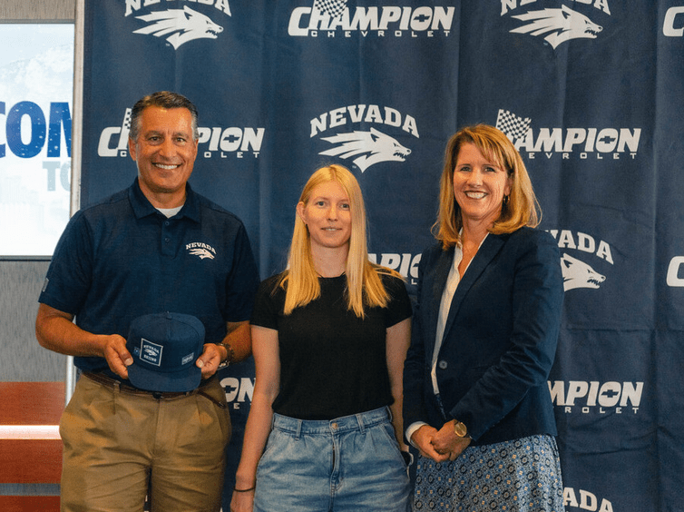 UNR President Brian Sandoval left, new alpine coach Mihaela Kosi center and Althetic Director Stephanie Rempe right at press conference to announce new alpine skiing program. s