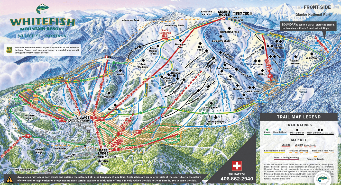 Whitefish Mountain Resort trail map, front side. pc screenshot, up and coming, 