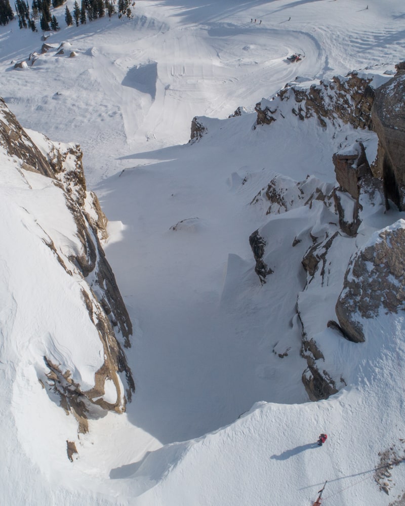 Aerial view of Corbet's Couloir with enhanced features near the lower half of the course. 