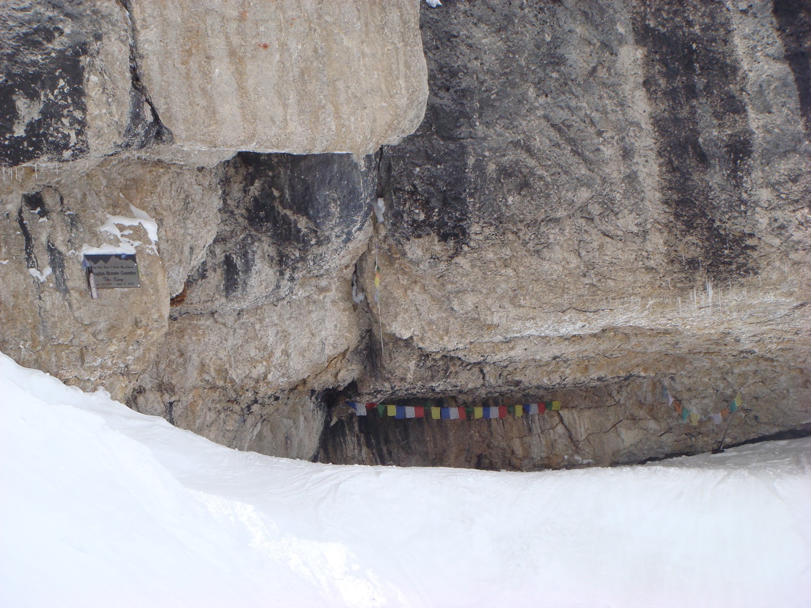 Coombs cave off to the left side of the upper couloir. Placque in memory of the late Doug Coombs. 