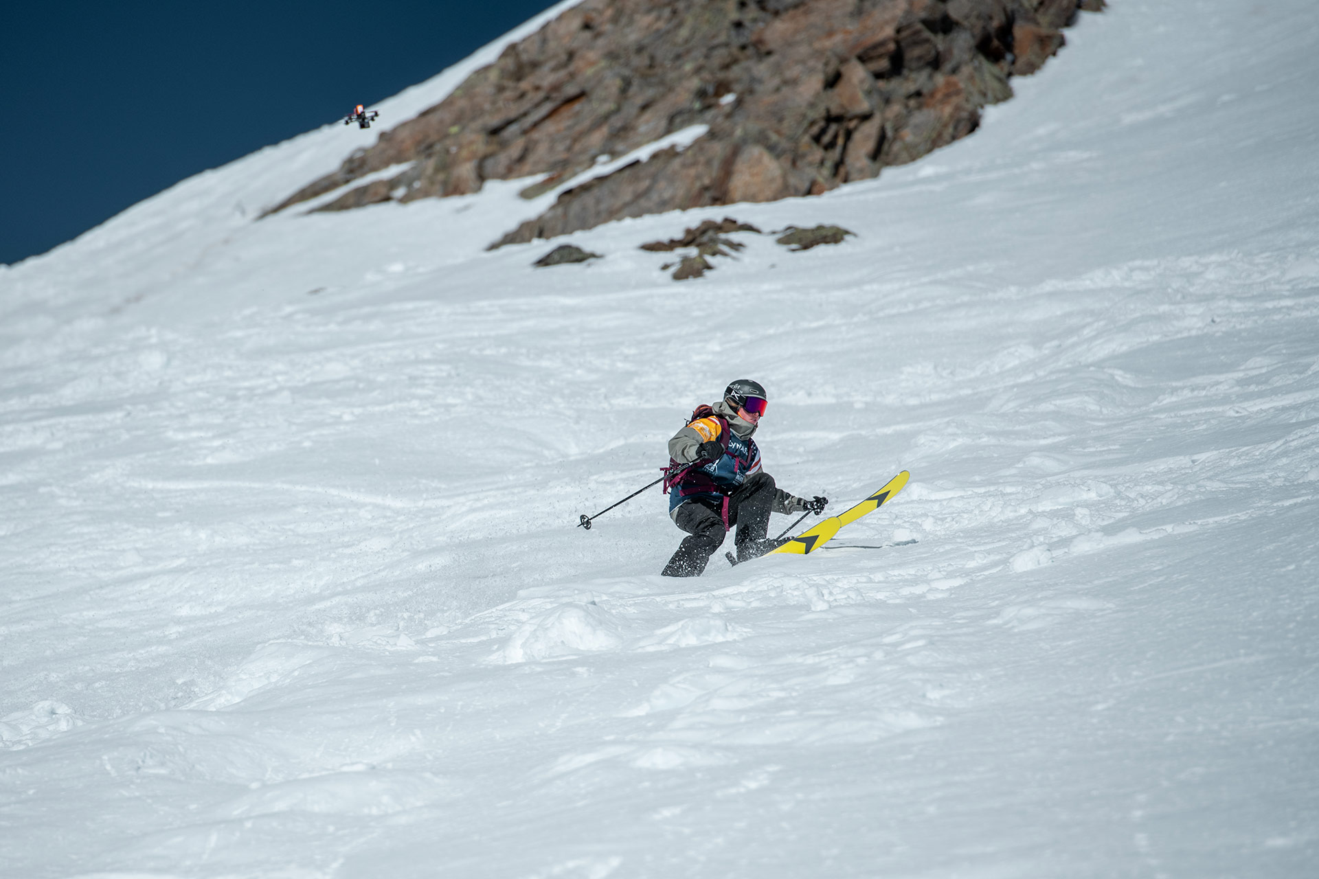 Jenna Meyers skiing out of the starting gate at The Junior Freeride World Championship, Kappl, Austria.