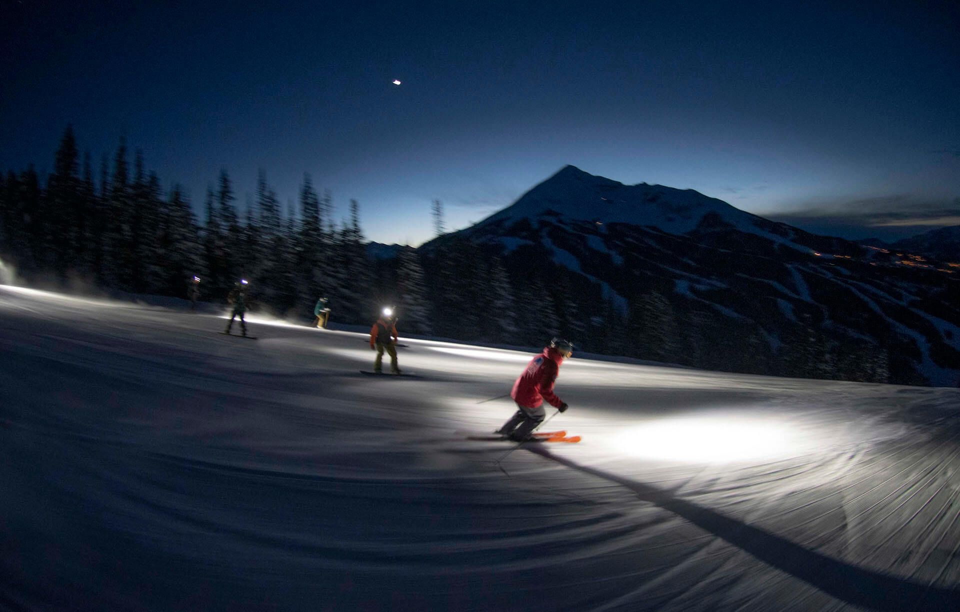 headlamp night skiing at Big Sky Resort, Montana
