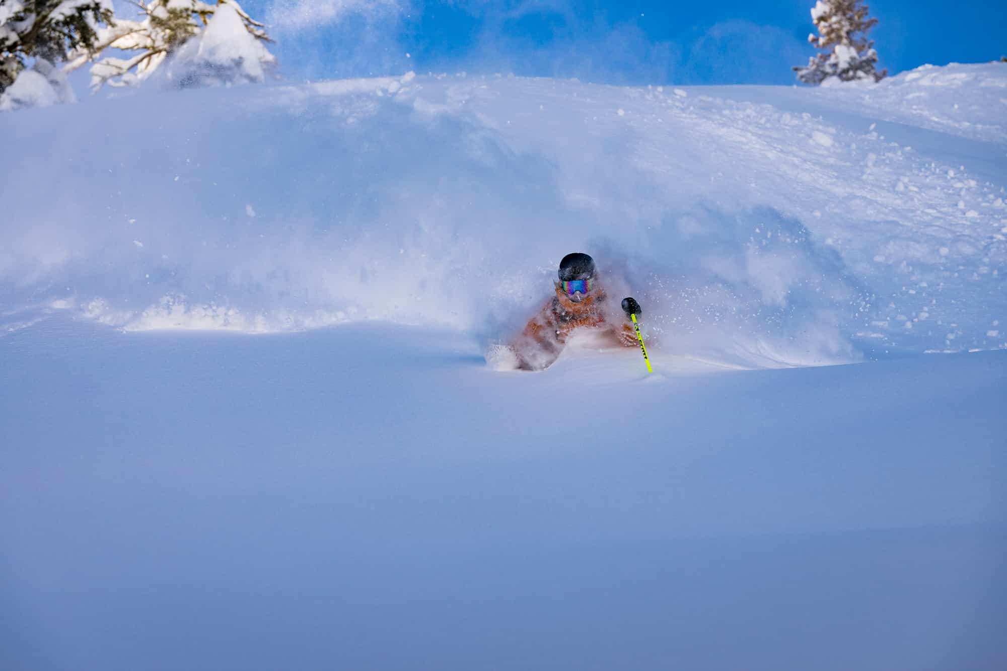 Skier in very deep powder at Palisades Tahoe one of the US's most googled ski resorts