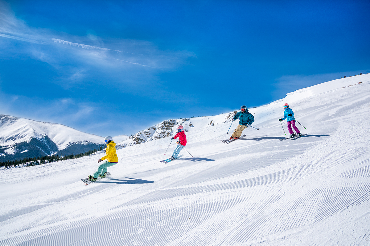 skiers on a bluebird day, winter park resort