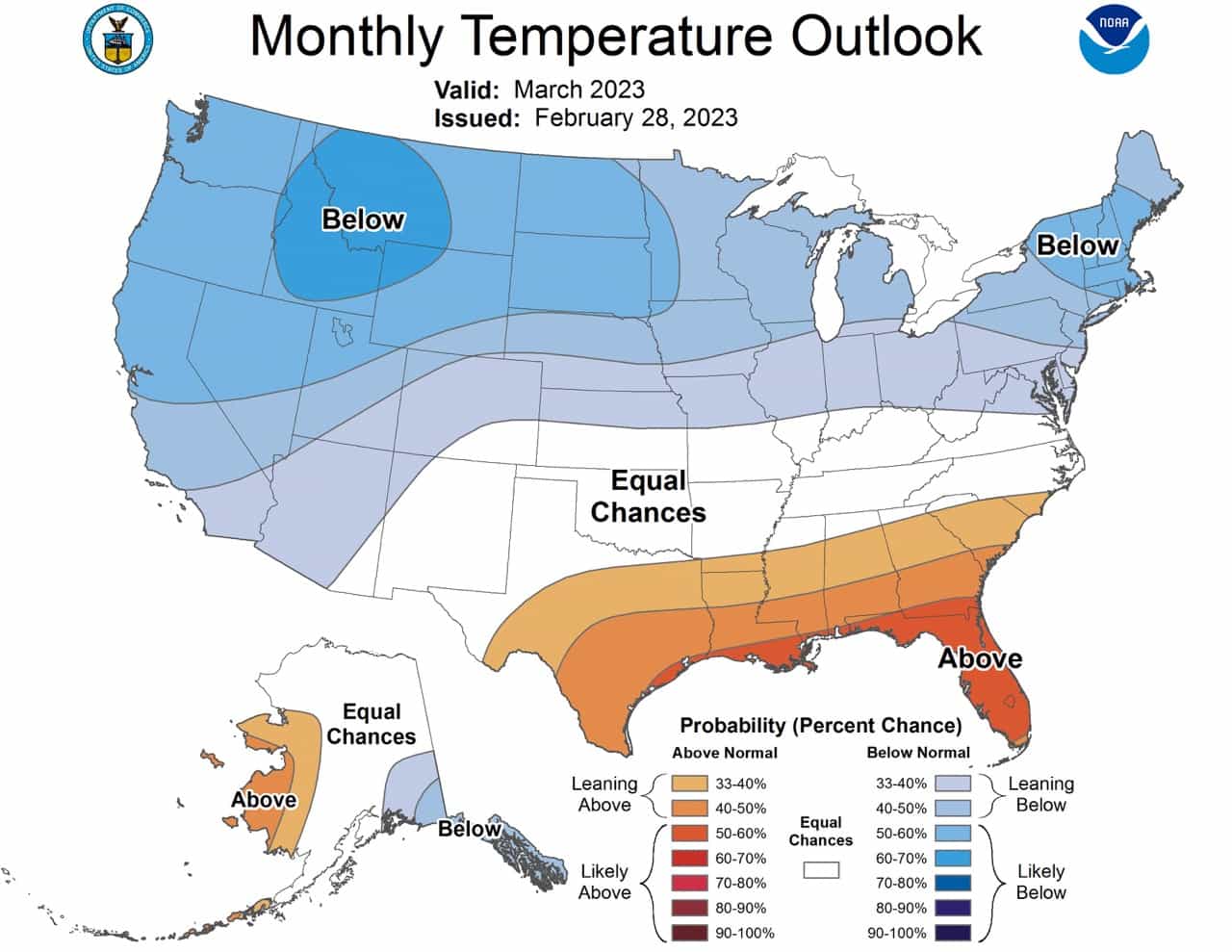 March 2023 Temperature outlook. Credit: NOAA
