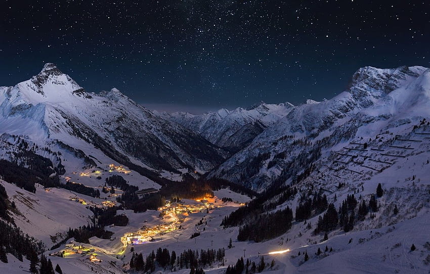 city winter night stars mountains