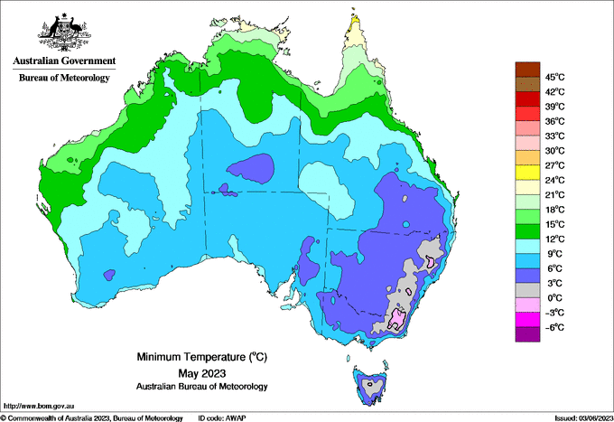 Map of Average Minimum Temperatures Across Australia in May