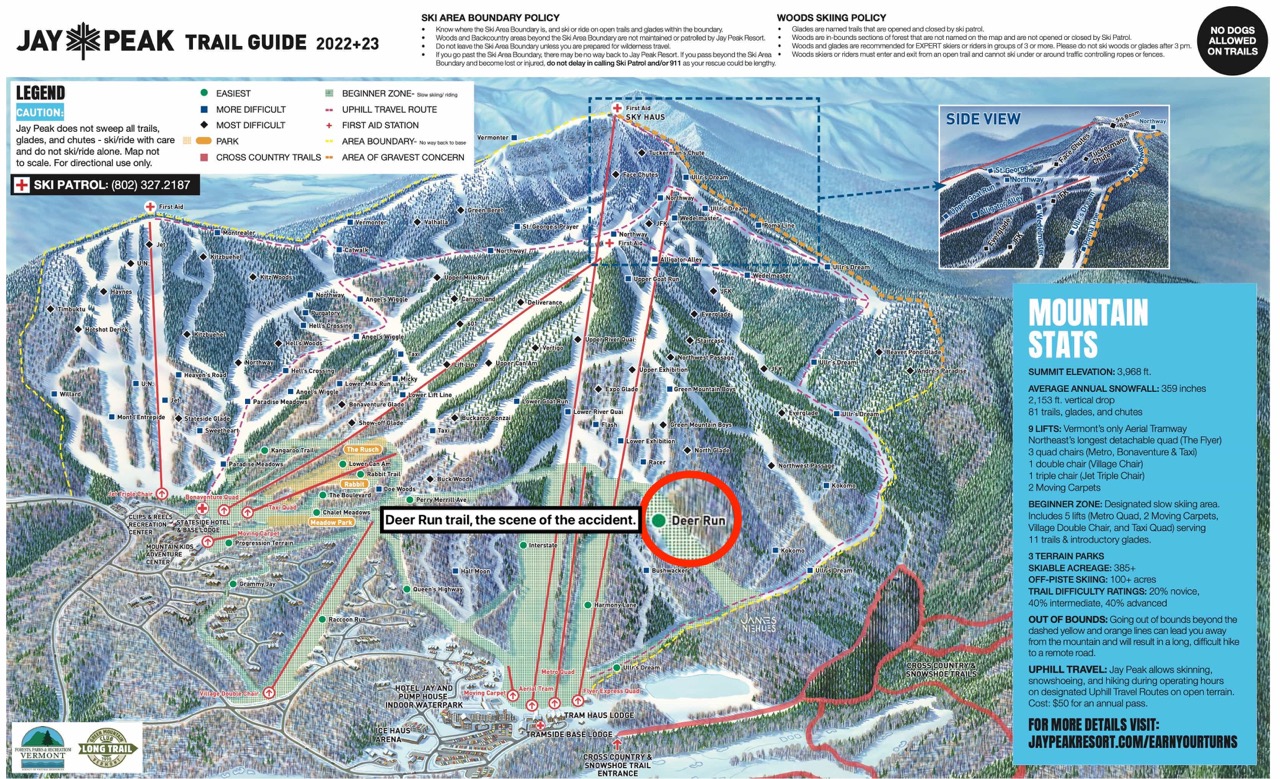 Jay Peak trail map with Deer Run highlighted. 