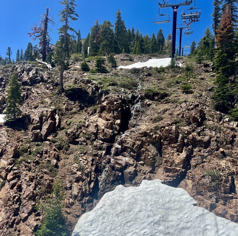 Waterfalls and rocks and snow 