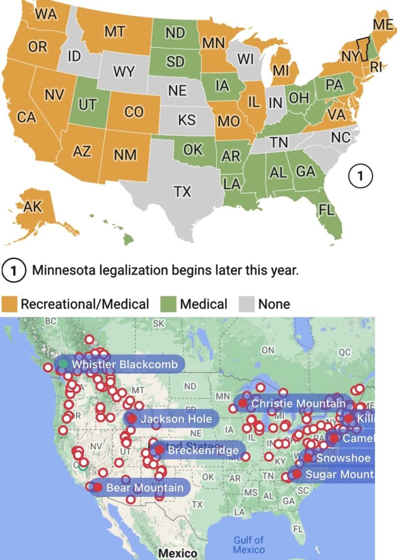 Map of cannabis states and states with ski resorts