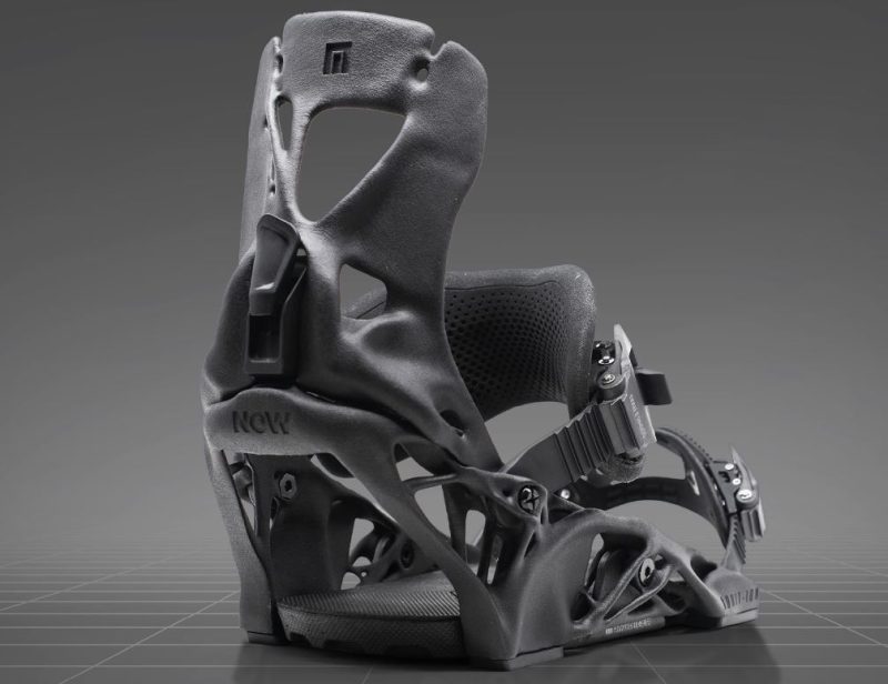 NOW's 3D printed and AI designed snowboard binding. Photo credit: NOW